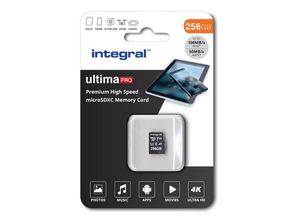 Tarjeta de memoria flash Integral UltimaPro - 256 GB - A1 / Clase de vídeo V30 / Clase UHS 3 / Clase 10 - microSDXC UHS-I - Negro