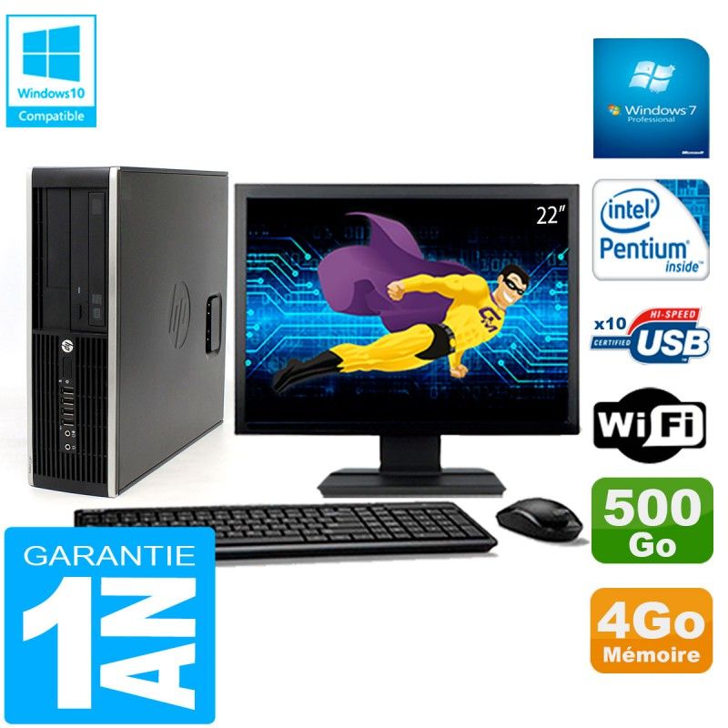 Ordinateur de bureau HP Compaq Pro 6200 SFF - Écran 22'', Processeur Intel Pentium G840, 4 Go de RAM, 500 Go SSD, Graveur DVD, Wi-Fi, Windows 7 Pro