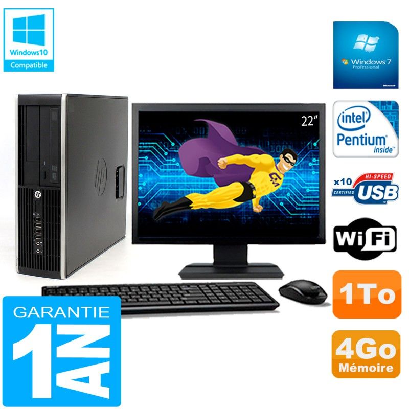 Ordinateur de bureau HP Compaq Pro 6200 SFF - Écran 22'', Processeur Intel G840, 4 Go de RAM, 1 To de disque dur, Graveur DVD, Wi-Fi