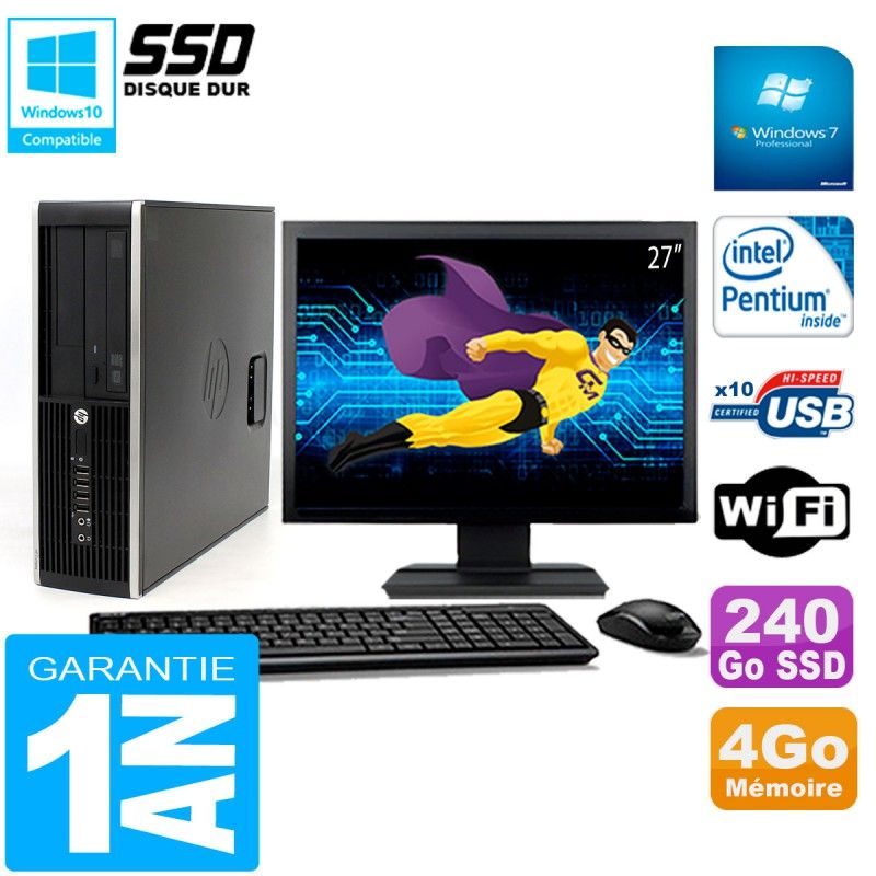 HP Compaq Pro 6200 SFF Desktop PC - 27" Screen, Intel Pentium G840, 4GB RAM, 240GB SSD, DVD Burner, WiFi, Windows 7 Pro