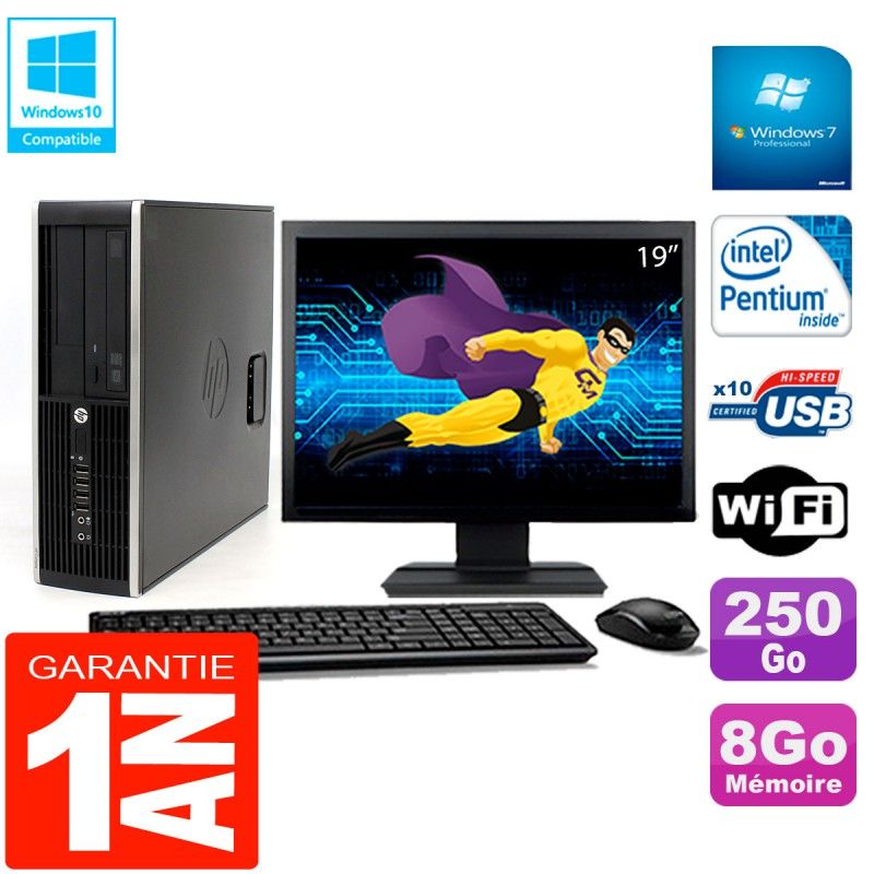 Ordinateur de bureau HP Compaq Pro 6200 SFF - Écran 19'', Processeur Intel Pentium G840, 8 Go de RAM, Disque dur 250 Go, Graveur DVD, WiFi, Windows 7 Pro