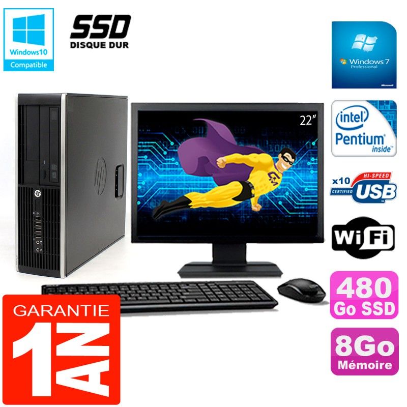HP Compaq Pro 6200 SFF Desktop Computer | 22" Screen | Intel G840 2.8GHz | 8GB RAM | 480GB SSD | DVD Burner | WiFi | Windows 7 Pro