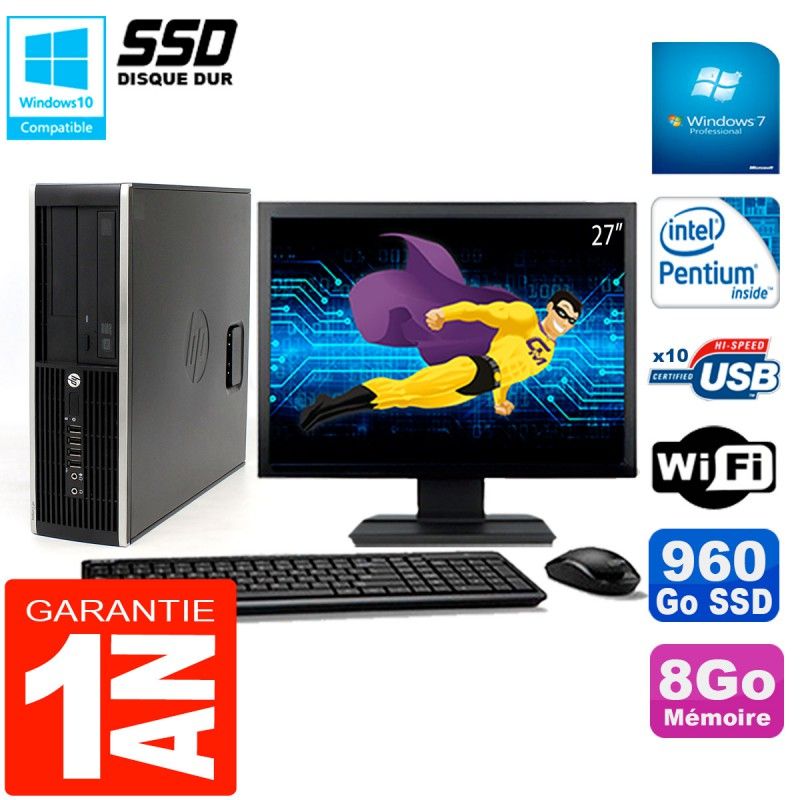 HP Compaq Pro 6200 SFF Desktop Computer | 27" Screen | Intel G840 2.8GHz | 8GB RAM | 960GB SSD | DVD Drive | WiFi | Windows 7 Pro