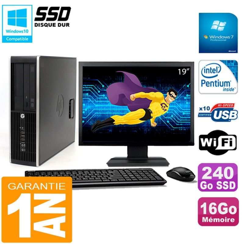 PC de sobremesa HP Compaq Pro 6200 SFF - Pantalla de 19', Procesador Intel Pentium G840, 16GB de RAM, 240GB SSD, Grabadora de DVD, WiFi, Windows 7 Pro
