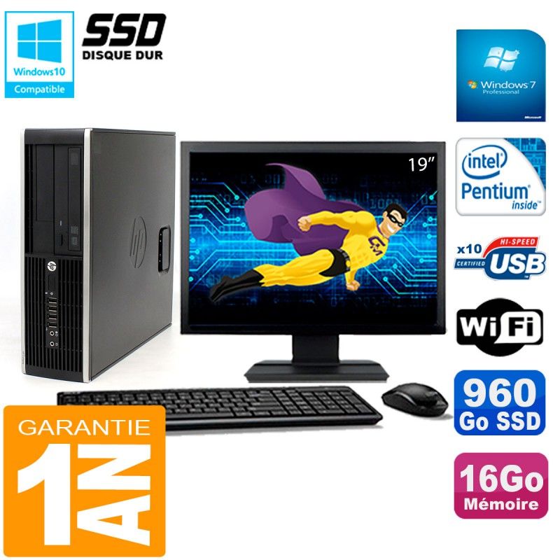 HP Compaq Pro 6200 SFF Desktop PC - 19" Screen, Intel Pentium G840, 16GB RAM, 960GB SSD, DVD Burner, WiFi, Windows 7 Pro