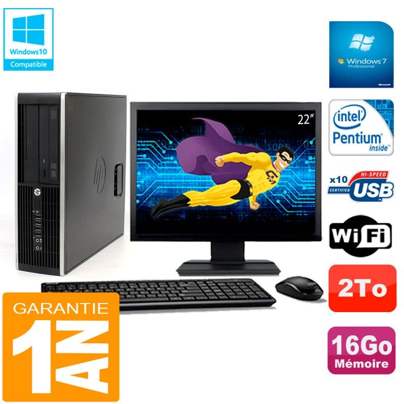 Ordinateur de bureau HP Compaq Pro 6200 SFF - Écran 22'', Processeur Intel Pentium G840, 16 Go RAM, Disque dur 2 To, Graveur DVD, Wifi