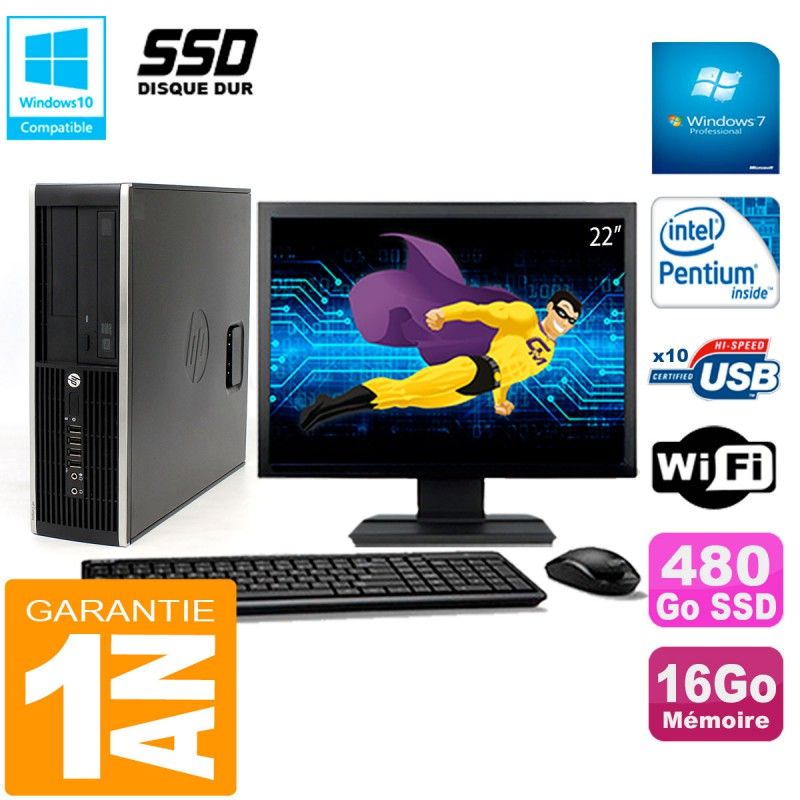 Ordinateur de bureau HP Compaq Pro 6200 SFF - Écran 22'', Processeur Intel Pentium G840, 16 Go de RAM, 480 Go SSD, Graveur DVD, Wi-Fi, Windows 7 Pro