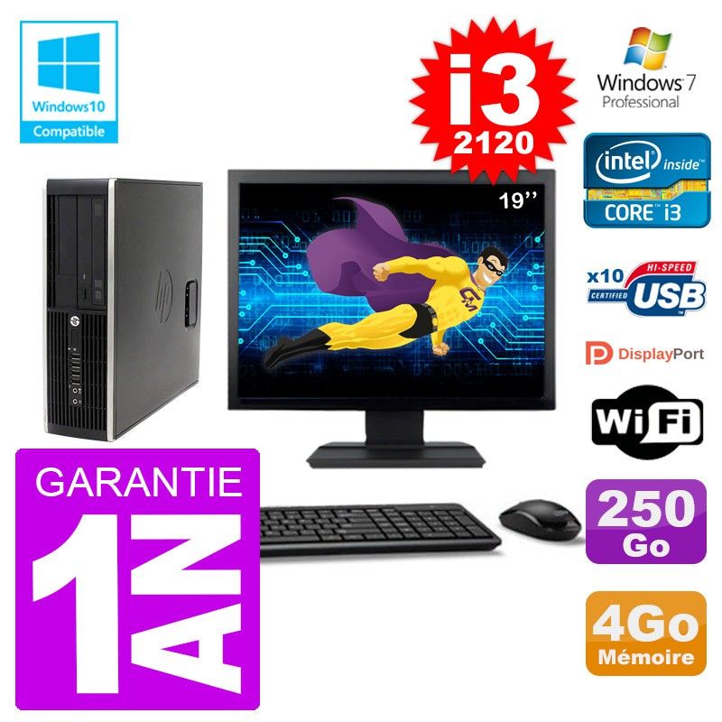 Ordinateur HP Elite 6200 SFF - Écran 19'', Processeur Intel i3-2120, 4 Go de RAM, Disque dur 250 Go, Lecteur DVD, Wifi, Windows 7 Pro