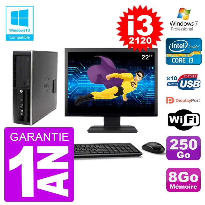 HP Elite 6200 SFF Desktop Computer - 22" Screen, Intel i3-2120, 8GB RAM, 250GB HDD, DVD Drive, WiFi, Windows 7 Pro
