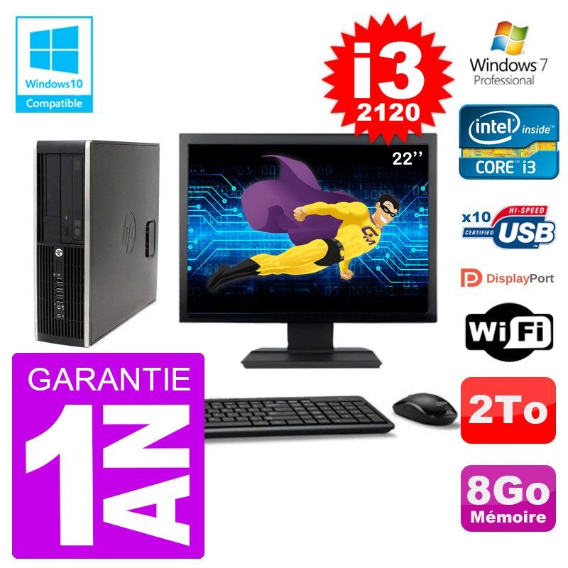 HP Elite 6200 SFF Desktop PC - 22" Screen, Intel i3-2120, 8GB RAM, 2TB HDD, DVD Drive, WiFi, Windows 7 Pro