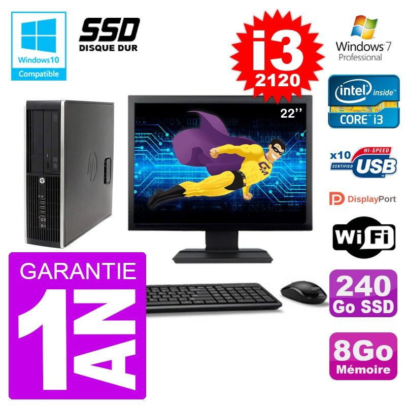 HP Elite 6200 SFF Desktop PC - 22" Screen, Intel i3-2120, 8GB RAM, 240GB SSD, DVD Drive, WiFi, Windows 7 Pro