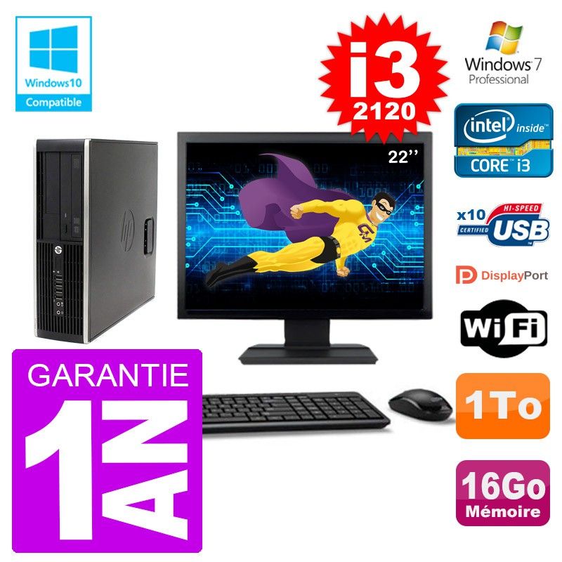 HP Elite 6200 SFF Desktop Computer - 22" Screen, Intel i3-2120, 16GB RAM, 1TB HDD, DVD Drive, WiFi