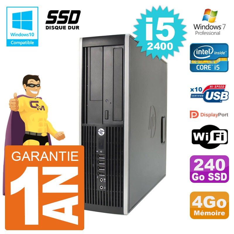 Ordinateur de bureau HP Elite 6200 SFF - Processeur Intel i5-2400, 4 Go de RAM, SSD 240 Go, Lecteur DVD, Wi-Fi, Windows 7 Pro