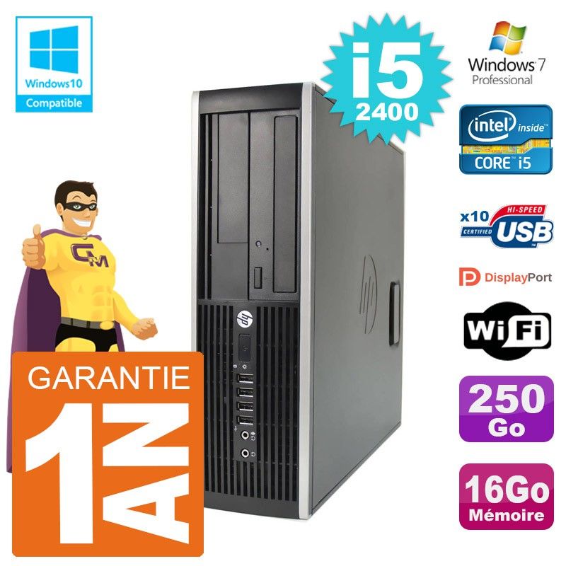 Ordinateur de bureau HP Elite 6200 SFF - Processeur Intel Core i5-2400, 16 Go de RAM, disque dur de 250 Go, lecteur DVD, Wi-Fi, Windows 7 Professionnel