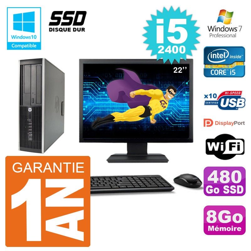 HP Elite 6200 SFF Desktop PC - 22" Screen, Intel i5-2400, 8GB RAM, 480GB SSD, DVD Drive, WiFi