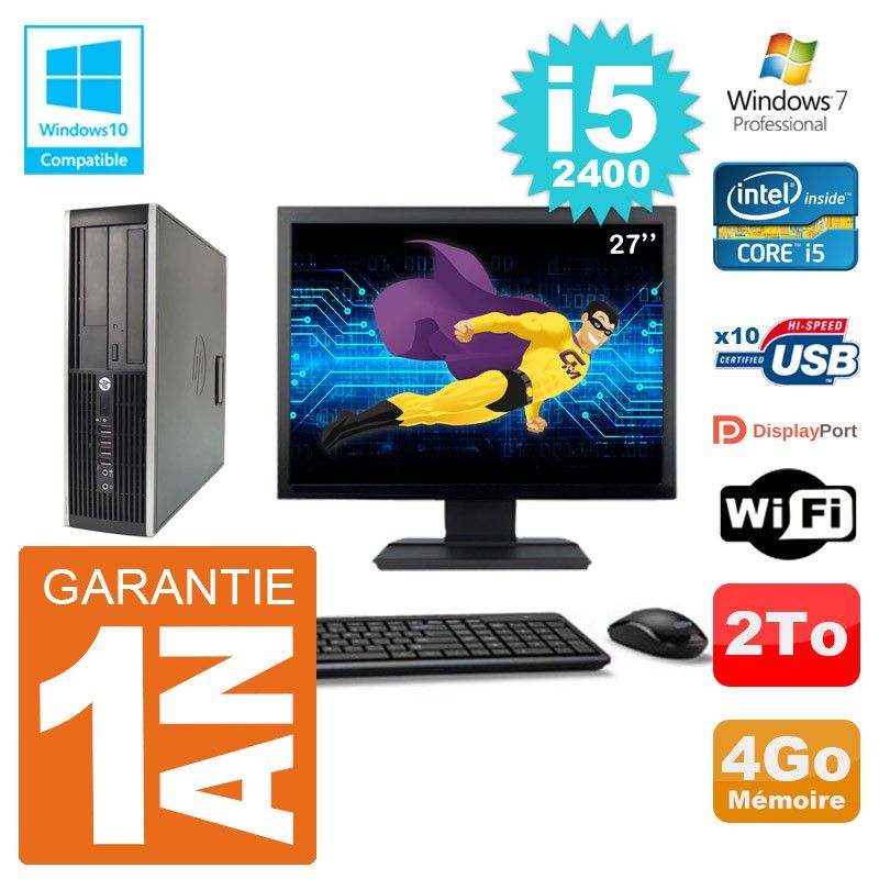 Ordinateur de bureau HP Elite 6200 SFF - Écran 27", processeur Intel i5-2400, 4 Go de RAM, disque dur 2 To, graveur DVD, Wi-Fi