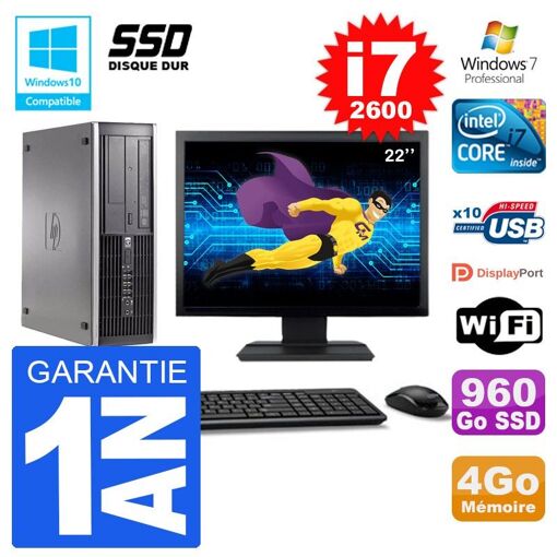 HP Elite 6200 SFF Computer - 22" Screen, Intel i7-2600, 4GB RAM, 960GB SSD, DVD Drive, Wifi