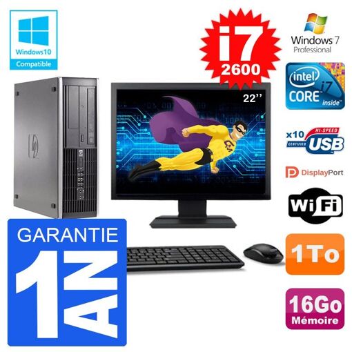 HP Elite 6200 SFF Desktop Computer - 22" Screen, Intel i7-2600, 16GB RAM, 1TB HDD, DVD Drive, WiFi