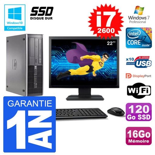HP Elite 6200 SFF Desktop PC - 22" Screen, Intel i7-2600, 16GB RAM, 120GB SSD, DVD Drive, WiFi