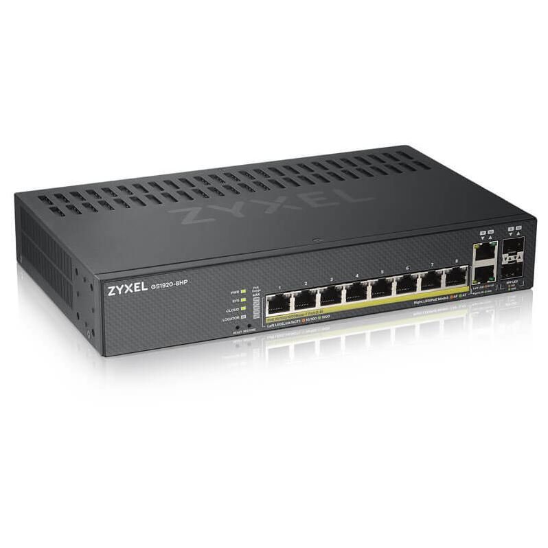 Zyxel GS1920-8HPv2 - Smart Switch - 8 x 10/100/1000 (PoE+) + 2 x SFP Gigabit Combo Port - Desk/Wall Mountable - PoE+ (130 W)