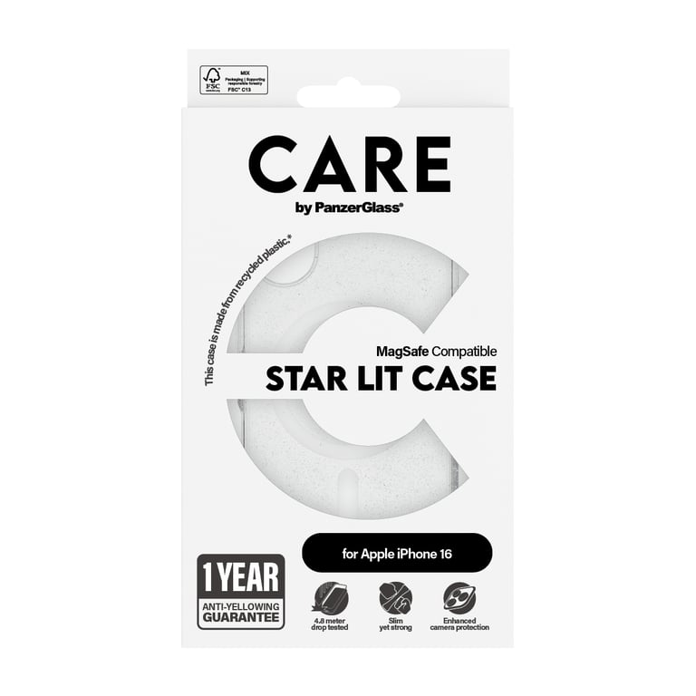 Caja Panzer Glass CARE™ Star Lit con funda blanca MagSafe para iPhone 16