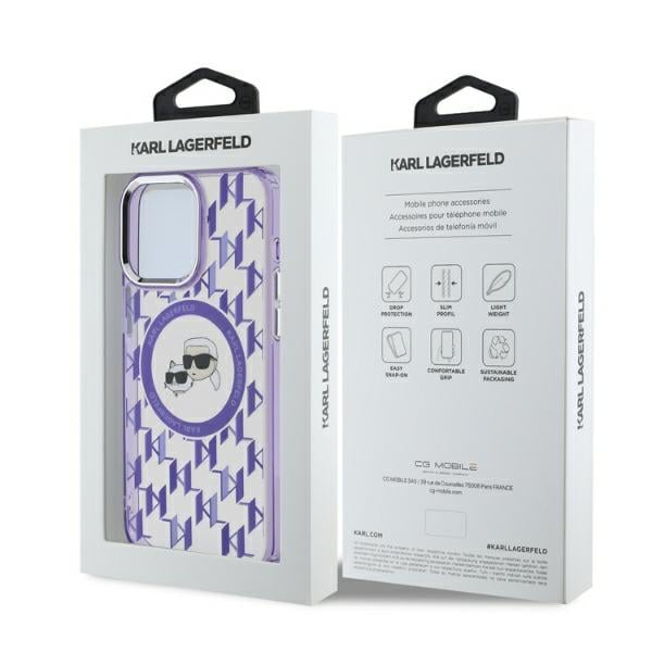 Estuche Duro de Karl Lagerfeld para iPhone 15 Pro Max 6.7 Pulgadas - Violeta Monograma IML con MagSafe