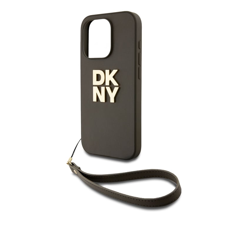 Fundas para iPhone 14 Pro con logotipo metálico y correa para el muñeca marrón de DKNY