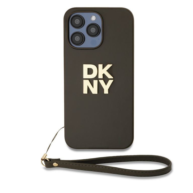 Fundas para iPhone 14 Pro con logotipo metálico y correa para el muñeca marrón de DKNY