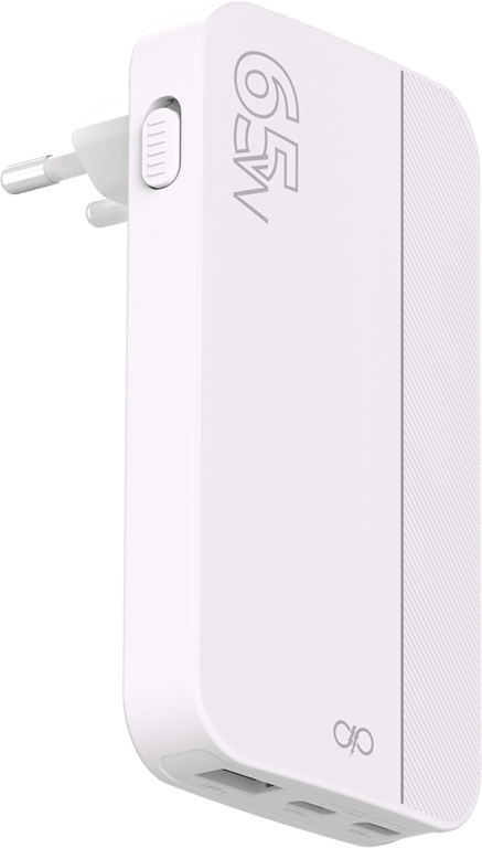 Cargador de pared plegable Force Power Lite 65W USB-A + 2 USB-C con PD, blanco + Garantía de por vida - Nuevo