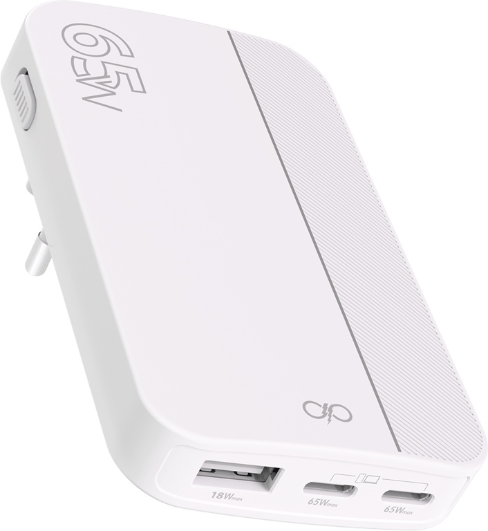Cargador de pared plegable Force Power Lite 65W USB-A + 2 USB-C con PD, blanco + Garantía de por vida - Nuevo