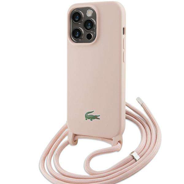 Fundas Lacoste para iPhone 15 Pro Max 6.7 - Estuche rígido de silicona rosa con cordón