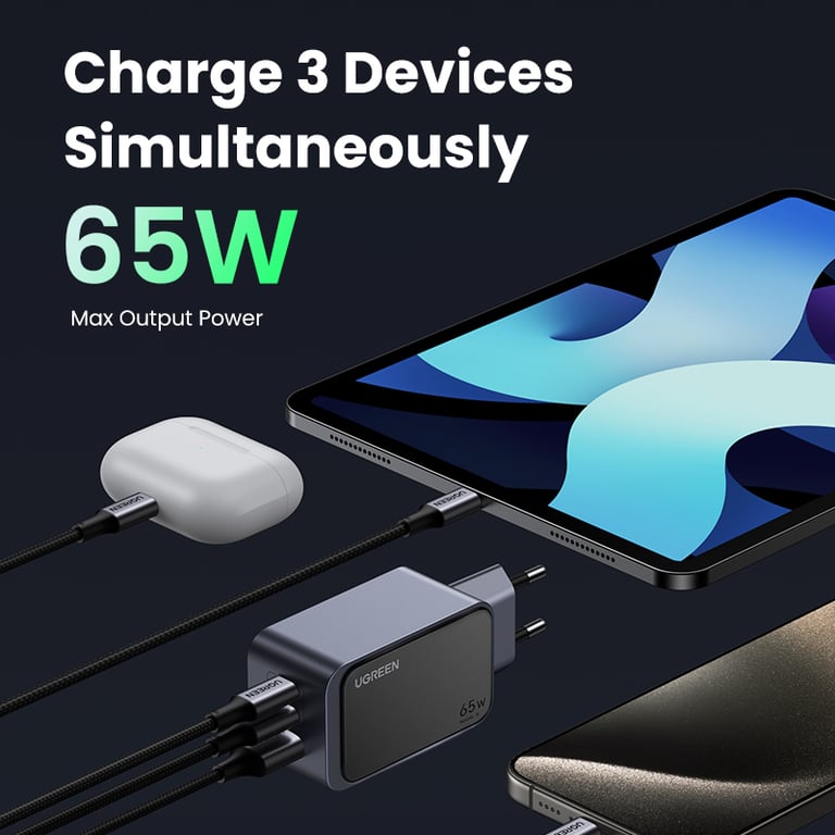 Cargador Ugreen Nexode Air 65W, USB + 2 puertos USB-C, gris