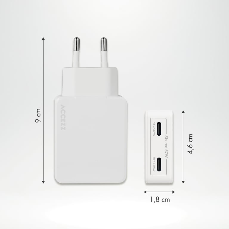 Cargador Accezz Ultra Slim con tecnología GaN - 2x USB-C - 65W - Blanco - Nuevo