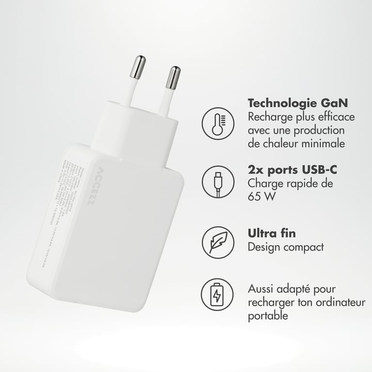 Cargador Accezz Ultra Slim con tecnología GaN - 2x USB-C - 65W - Blanco - Nuevo