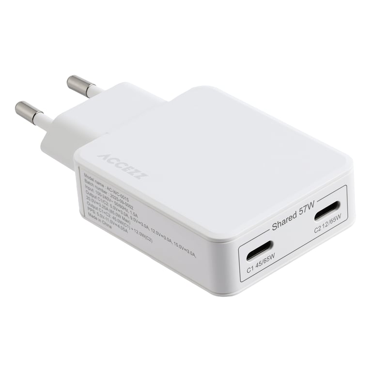 Cargador Accezz Ultra Slim con tecnología GaN - 2x USB-C - 65W - Blanco - Nuevo