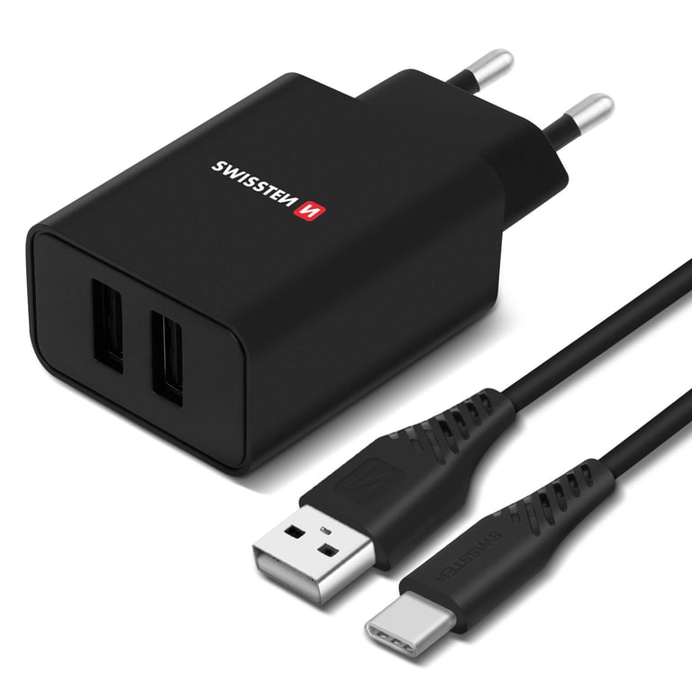 Cargador de pared doble USB Swissten 2.1A Smart IC + cable USB-C Negro