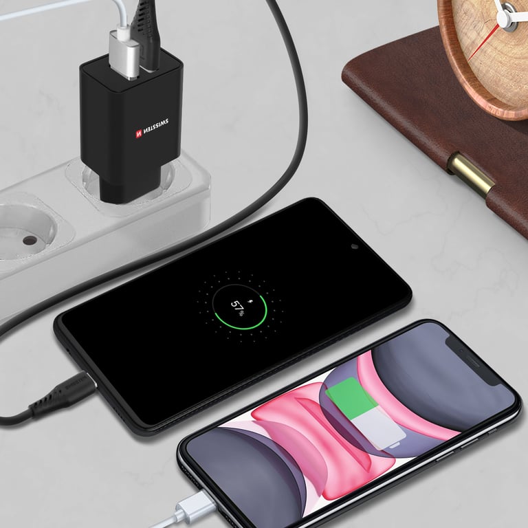 Cargador de pared doble USB Swissten 2.1A Smart IC + cable USB-C Negro