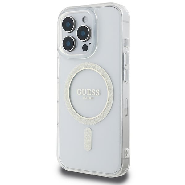 Estuche Guess para iPhone 16 Pro Max 6.9'' transparente con cubierta rígida IML Glitter Circle MagSafe