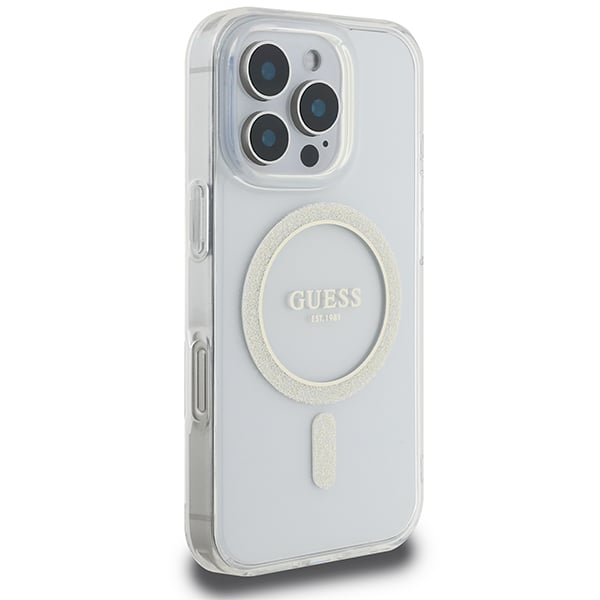 Estuche Guess para iPhone 16 Pro Max 6.9'' transparente con cubierta rígida IML Glitter Circle MagSafe