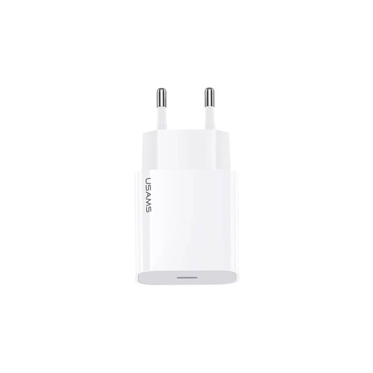 Cargador de pared USB-C rápido de 20W PD - Blanco - Usams, compatible con iPhone 15/14/13/12/11 Pro Max/X/XS/XR/8/7/6S Plus/Mini SE, iPad, Samsung - Nuevo