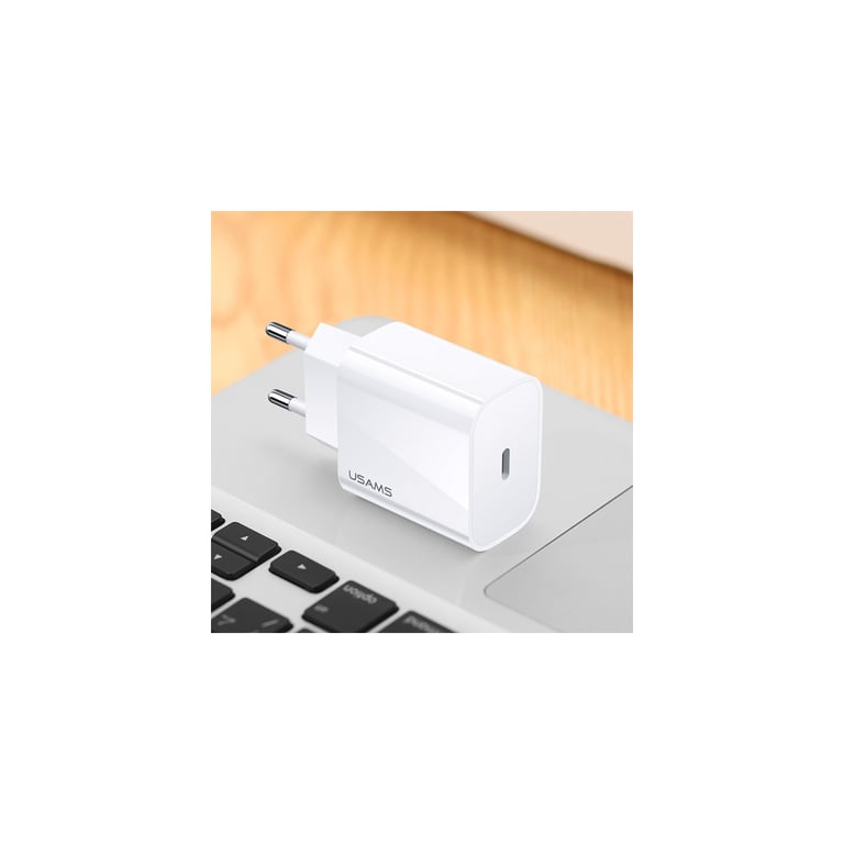 Cargador de pared USB-C rápido de 20W PD - Blanco - Usams, compatible con iPhone 15/14/13/12/11 Pro Max/X/XS/XR/8/7/6S Plus/Mini SE, iPad, Samsung - Nuevo