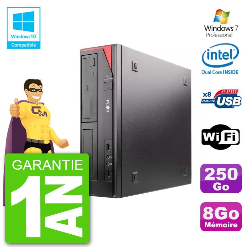 Ordinateur de bureau Fujitsu Esprimo E520 DT - Processeur Intel G3220 3,0 GHz, 8 Go de RAM, disque dur 250 Go, lecteur de DVD, Wi-Fi, Windows 7 Pro