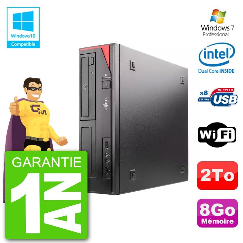 Ordinateur de bureau Fujitsu Esprimo E520 DT - Processeur Intel Dual-Core G3220, 8 Go de RAM, 2 To de disque dur, lecteur graveur DVD, Wi-Fi, Windows 7 Professionnel