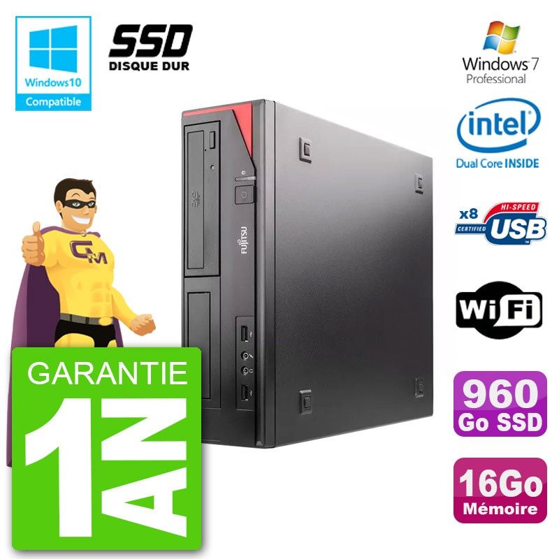 Ordinateur de bureau Fujitsu Esprimo E520 DT - Processeur Intel G3220 3,0 GHz, 16 Go de RAM, 960 Go SSD, Lecteur DVD, Wi-Fi, Windows 7 Professionnel
