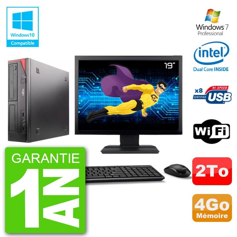 Ordinateur de bureau Fujitsu Esprimo E520 - Écran 19 pouces, Processeur Intel Dual-Core G3220, 4 Go RAM, Disque dur 2 To, Graveur DVD, WiFi, Windows 7 Professionnel