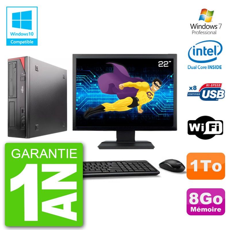 Ordinateur de bureau Fujitsu Esprimo E520 - Écran 22'', Processeur Intel G3220 3,0 GHz, 8 Go RAM, 1 To HDD, Graveur DVD, Wifi, Windows 7 Pro