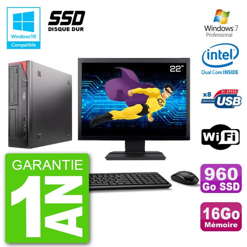 Ordinateur de bureau Fujitsu Esprimo E520 - Écran 22'', Processeur Intel Dual-Core G3220, 16 Go RAM, 960 Go SSD, Graveur DVD, Wi-Fi, Windows 7 Professionnel