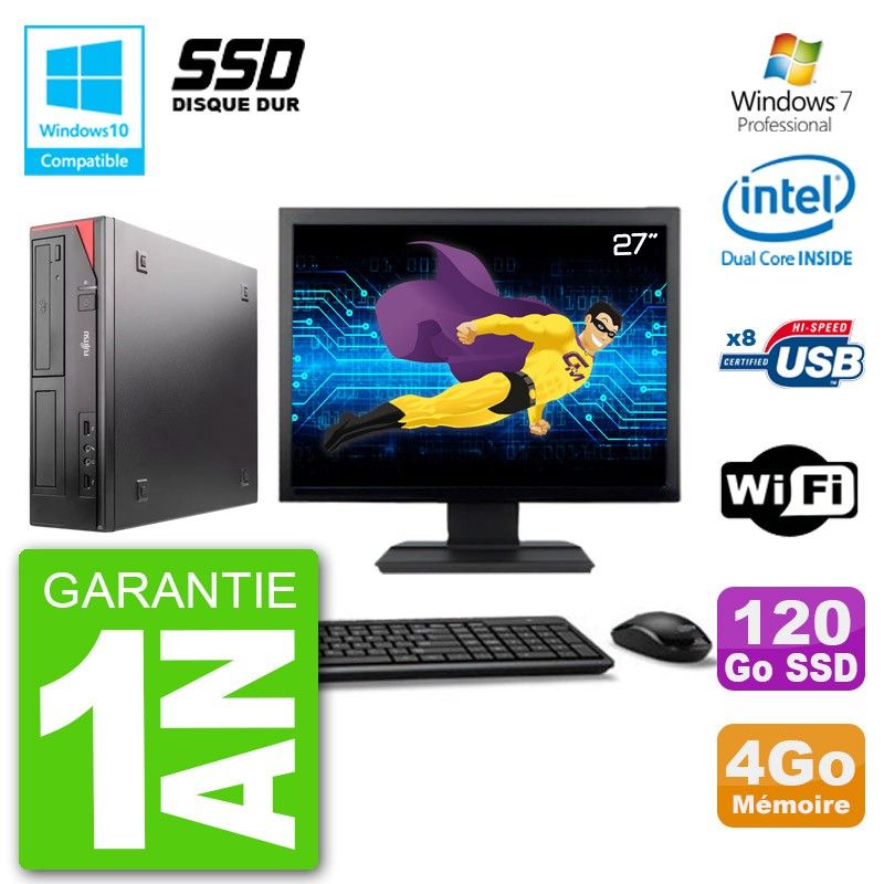 PC de escritorio Fujitsu Esprimo E520 - Pantalla de 27', Procesador Intel G3220, 4GB de RAM, SSD de 120GB, Grabadora de DVD, WiFi, Windows 7 Profesional