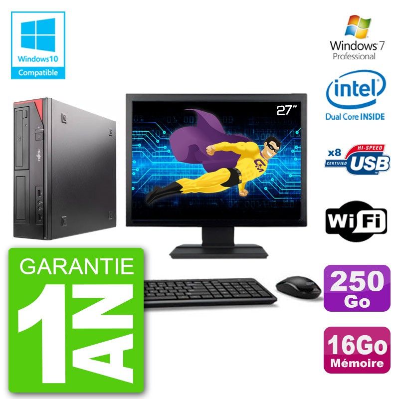 Ordinateur de bureau Fujitsu Esprimo E520 - Écran 27", Processeur Intel G3220, 16 Go RAM, Disque dur 250 Go, Lecteur DVD, Wifi, Windows 7 Pro