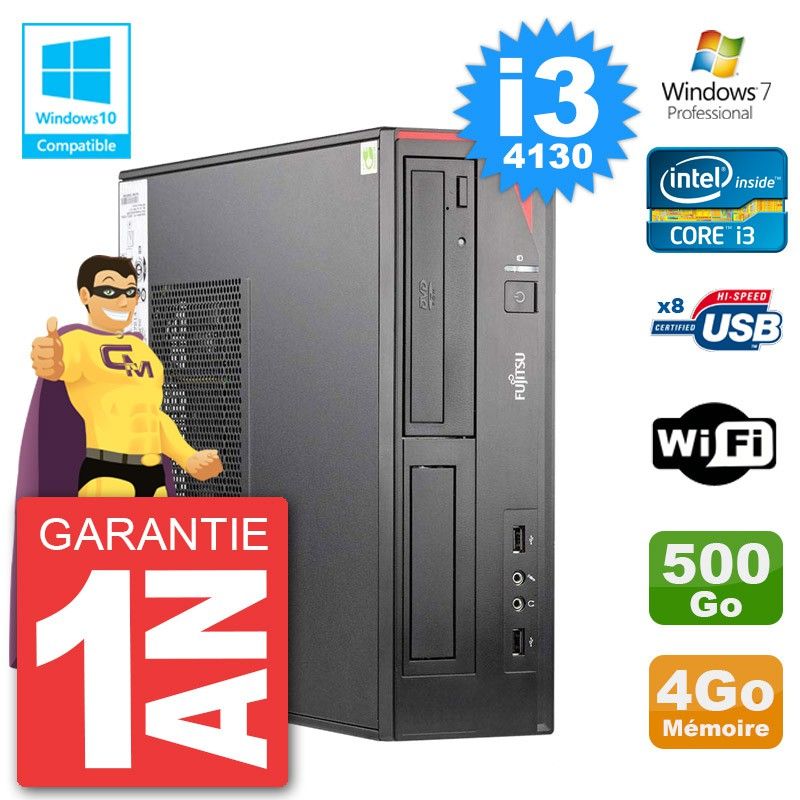 Ordinateur de bureau Fujitsu Esprimo E520 DT - Processeur Intel Core i3-4130, 4 Go de RAM, 500 Go de disque dur, lecteur DVD, Wi-Fi, Windows 7 Pro